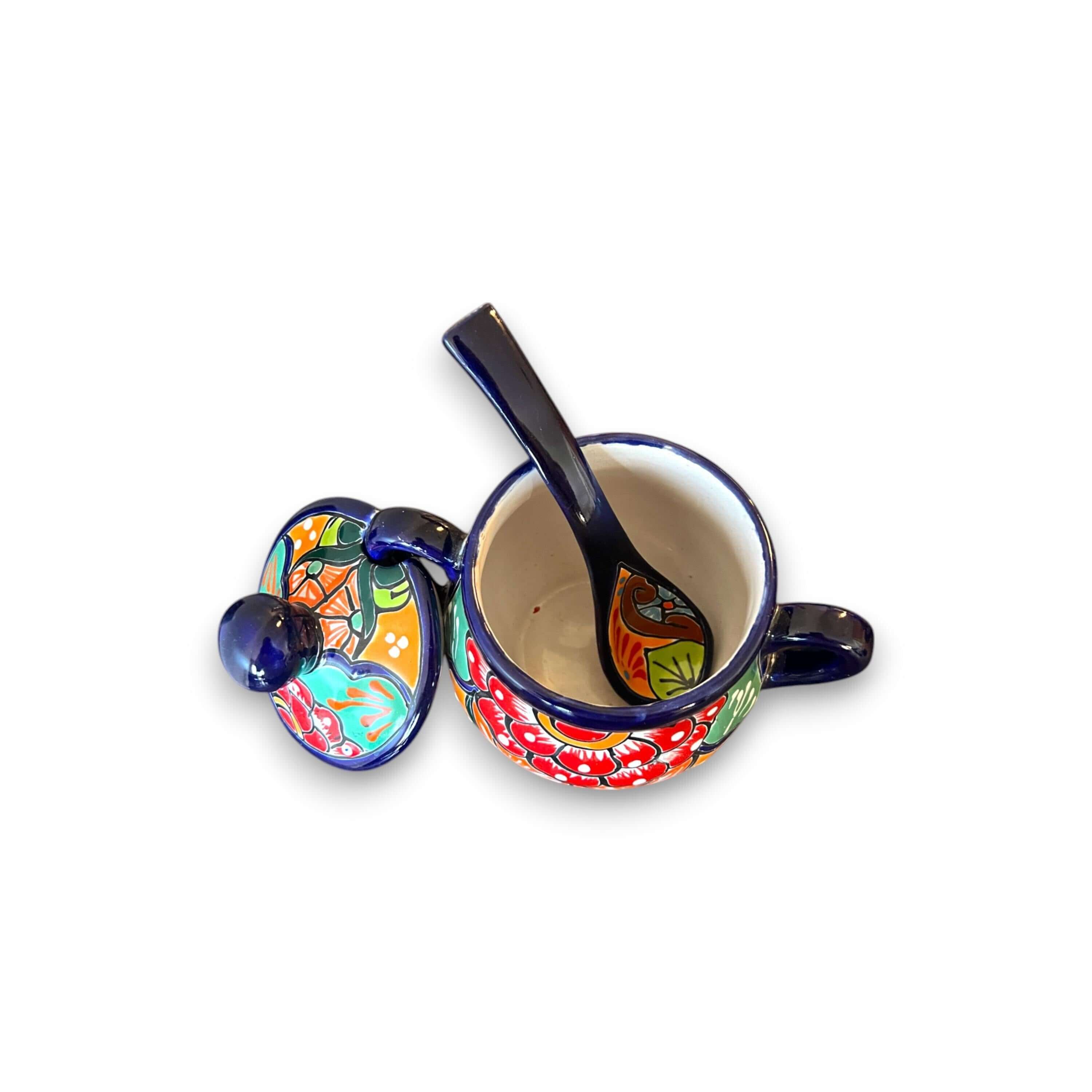 Azucarero de Talavera colorido con cuchara | Arte de cerámica mexicana