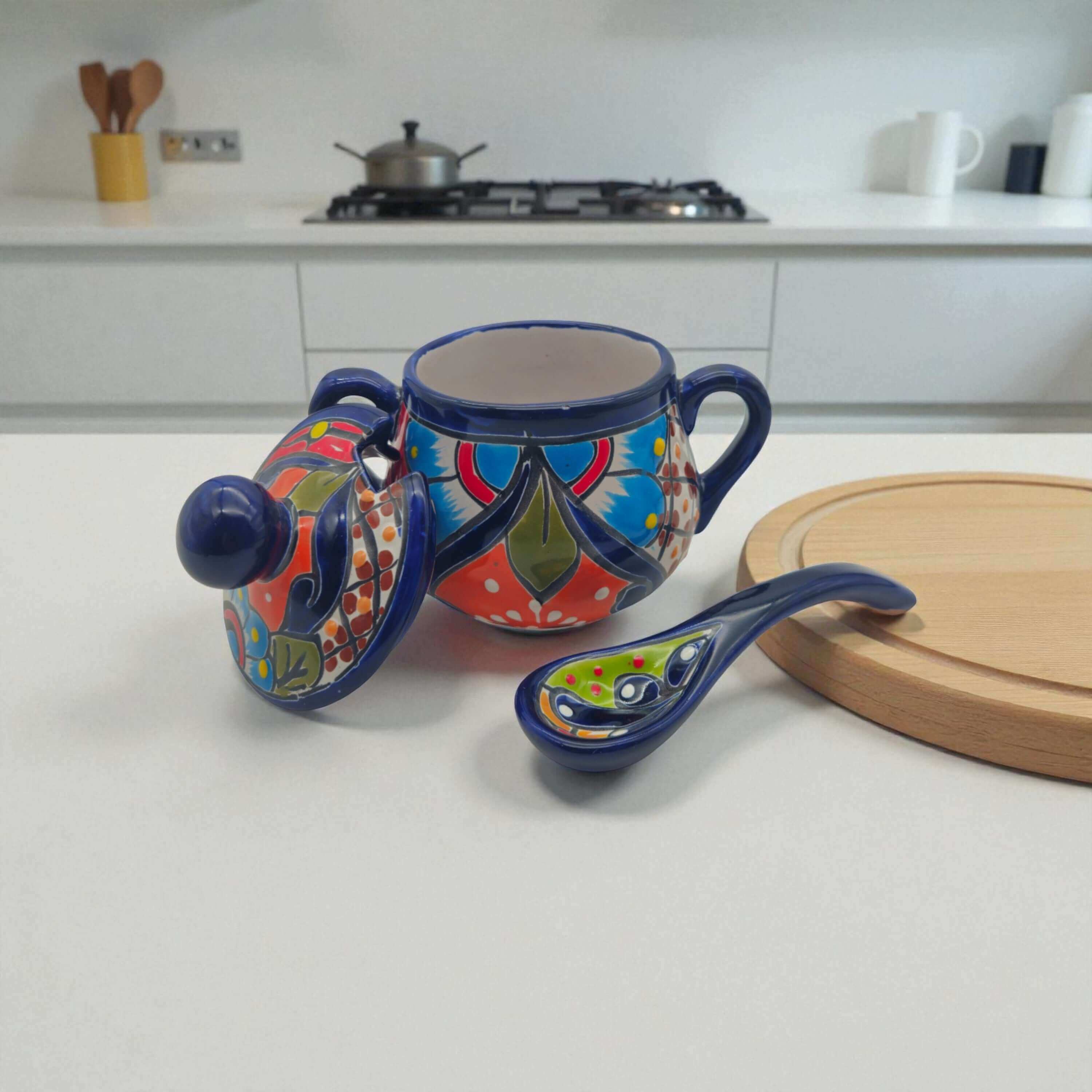 Azucarero de Talavera colorido con cuchara | Arte de cerámica mexicana