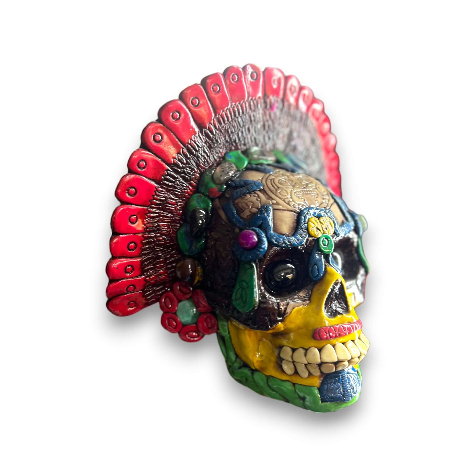 Estatua de Calavera de Guerrero Azteca Hecha a Mano | Arte Cultural