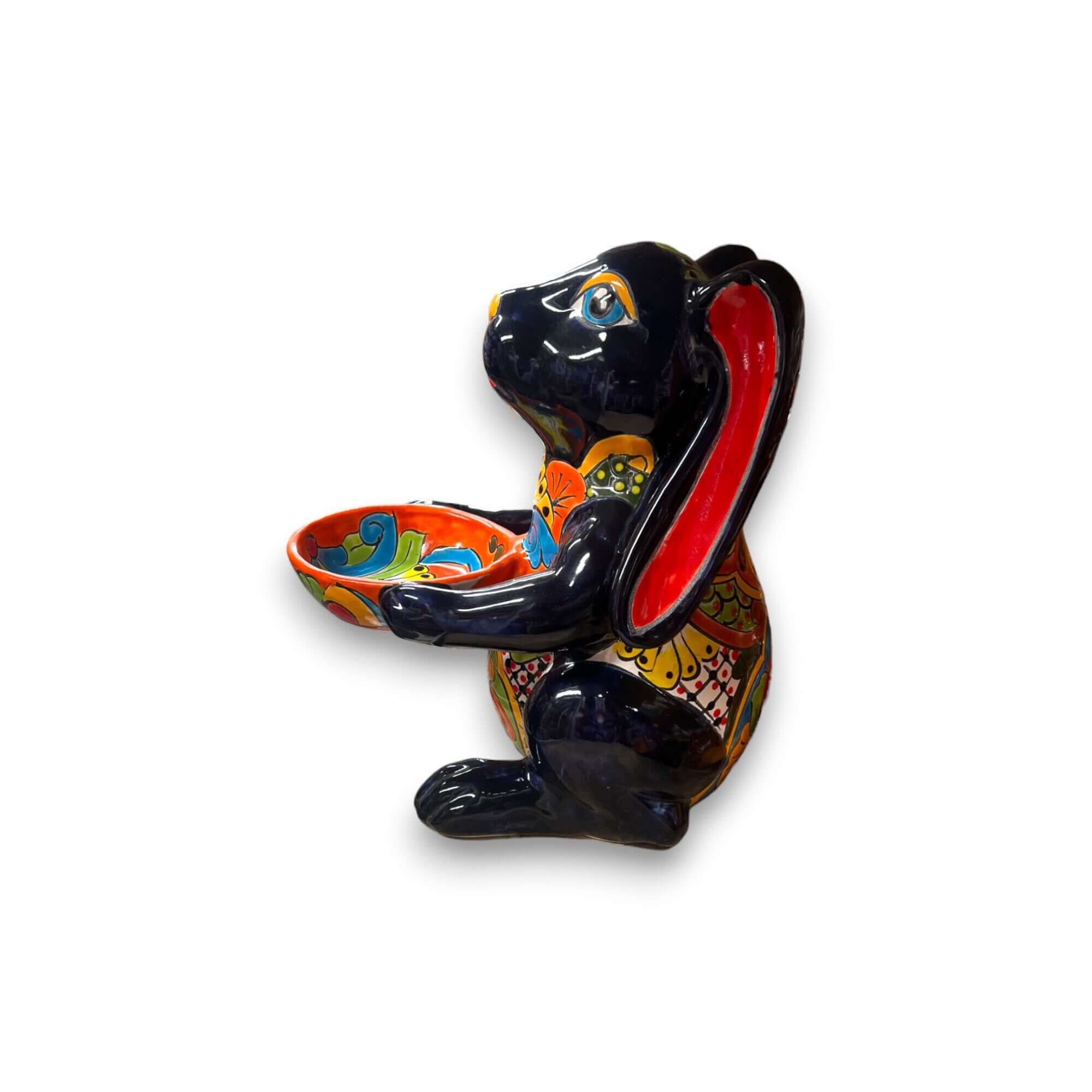 Vibrante estatua de conejo de talavera hecha a mano | Comedero de arte popular mexicano
