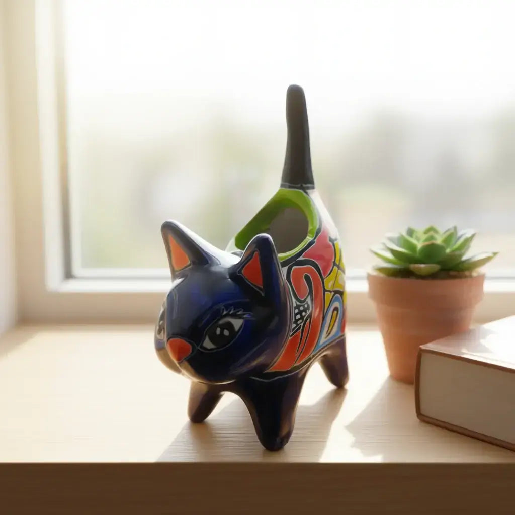 Maceta Vibrante de Talavera con Forma de Gato | Cerámica Mexicana Hecha a Mano