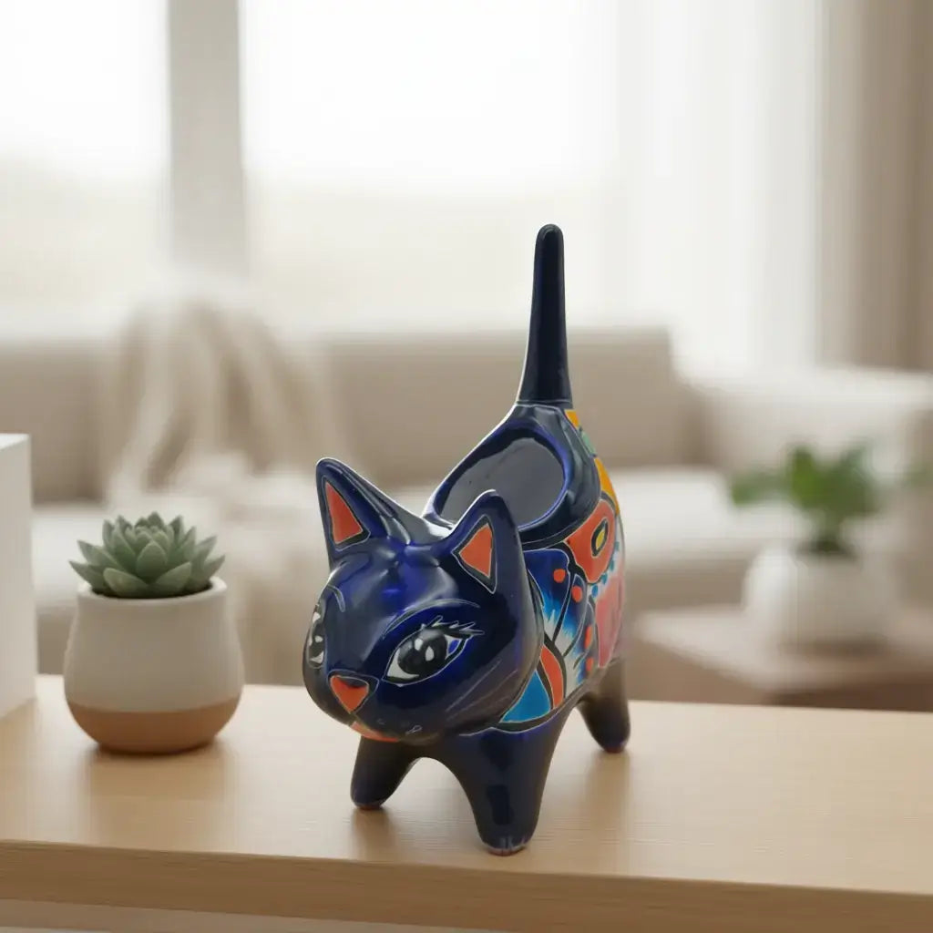 Maceta Vibrante de Talavera con Forma de Gato | Cerámica Mexicana Hecha a Mano
