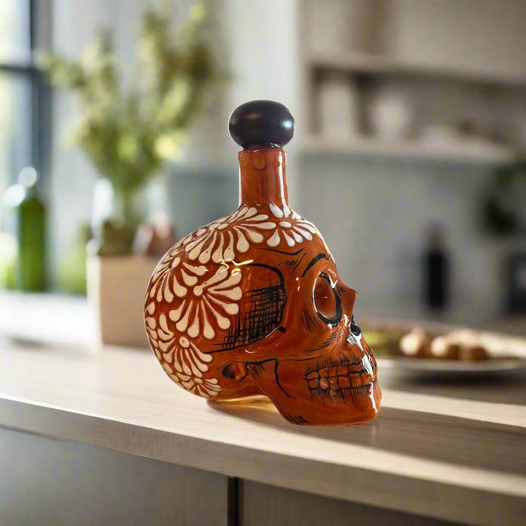 Juego de decantador de calavera hecho a mano | Cristalería mexicana marrón y blanca