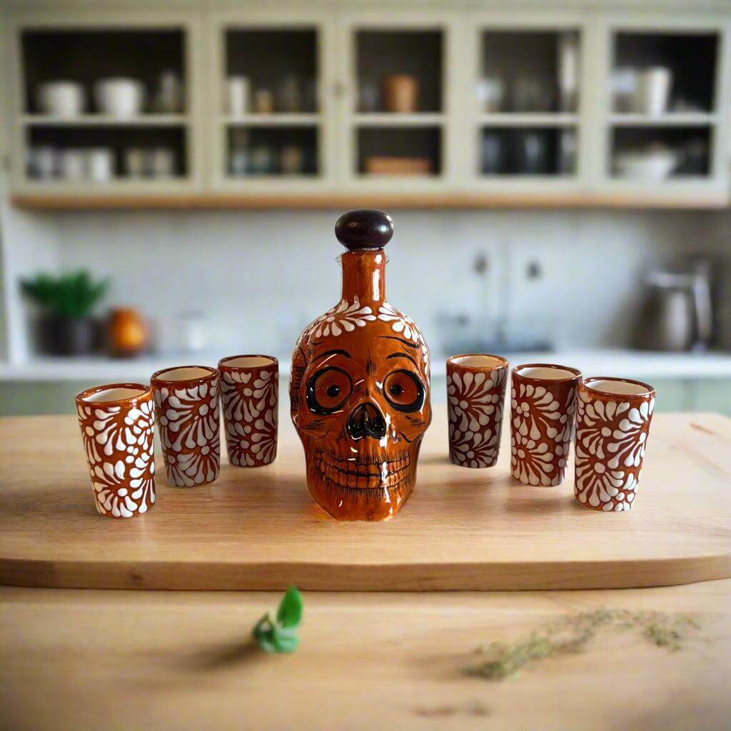 Juego de decantador de calavera hecho a mano | Cristalería mexicana marrón y blanca