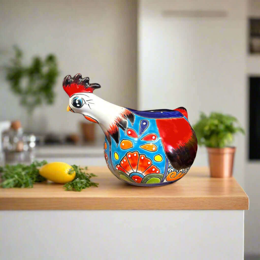 Macetero de Talavera con forma de gallina | Maceta de cerámica mexicana hecha a mano