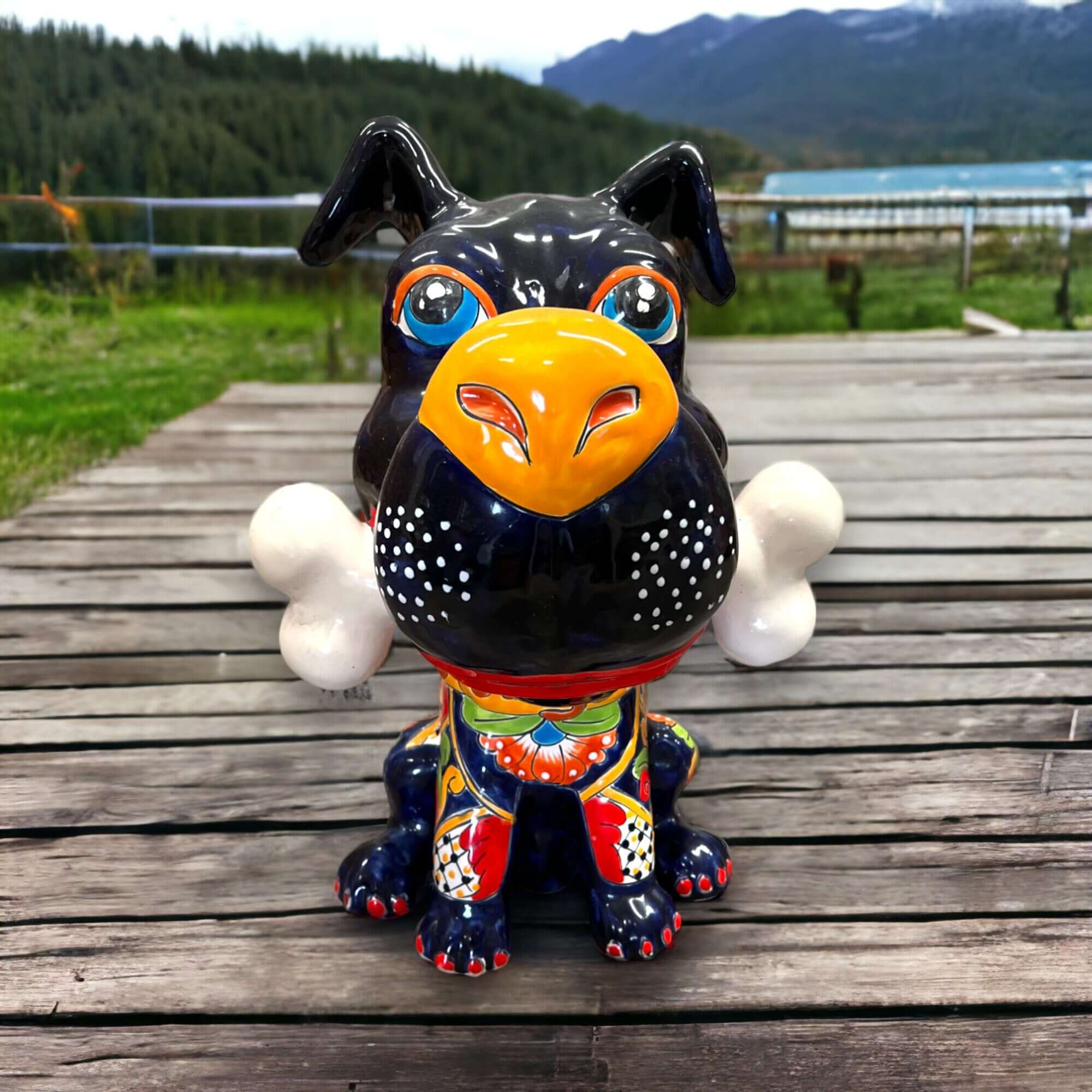 Perro Talavera con hueso | Decoración canina de cerámica pintada a mano (extragrande)