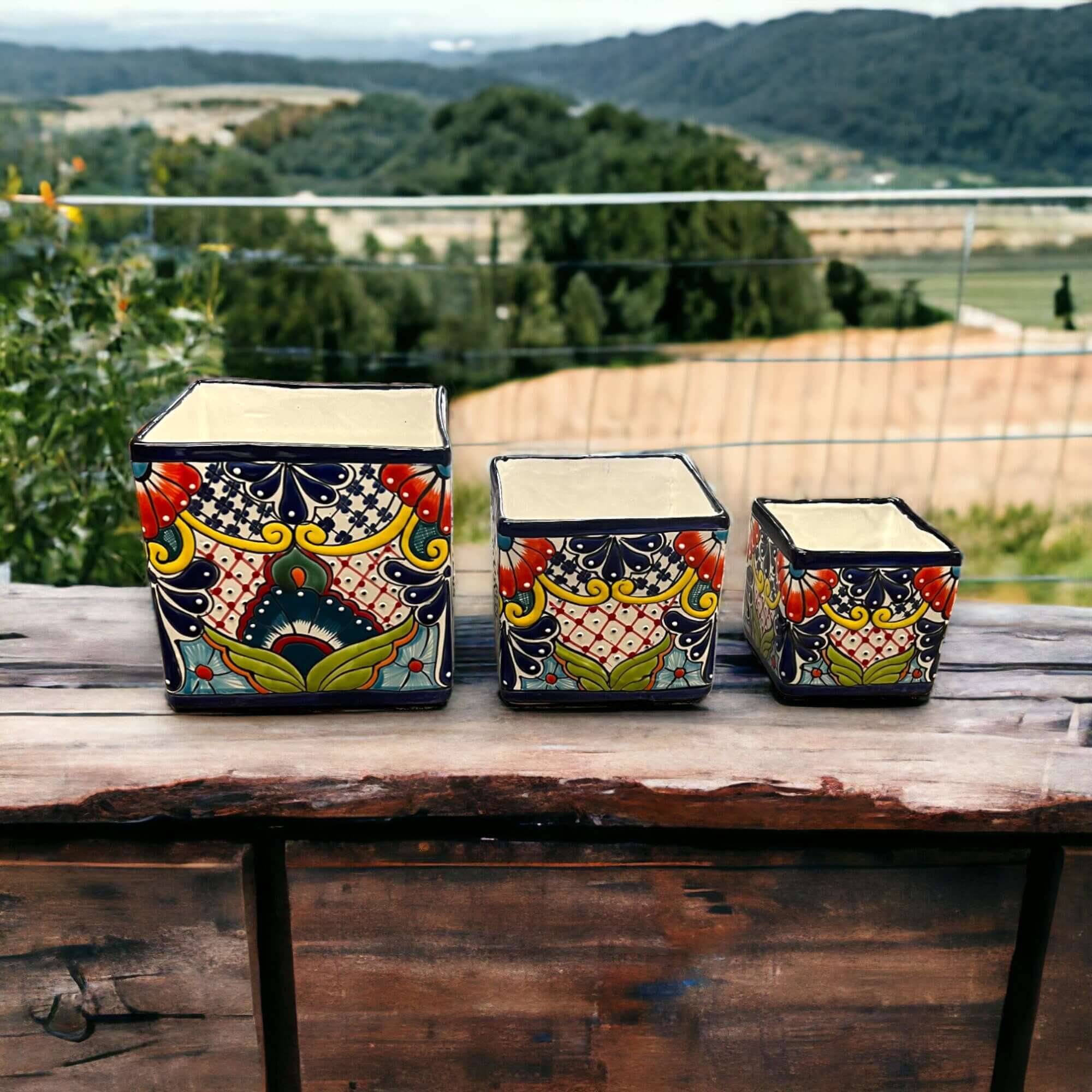 Juego de 3 macetas cuadradas de Talavera pintadas a mano | Macetas florales coloridas
