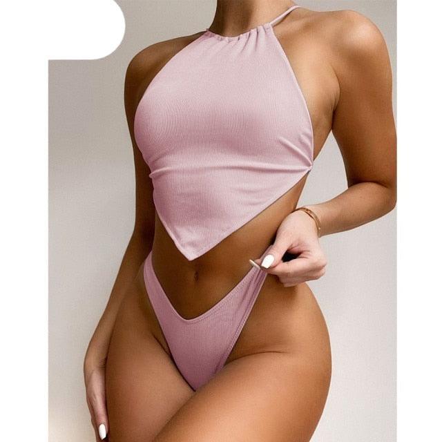 High Neck Swimwear Women Bikini Tied Top Swimsuit Female Brazilian Bikini Set Bathing Suit Swim Women's Bikini Set High Waist Scoop Collar Padded Swimsuit