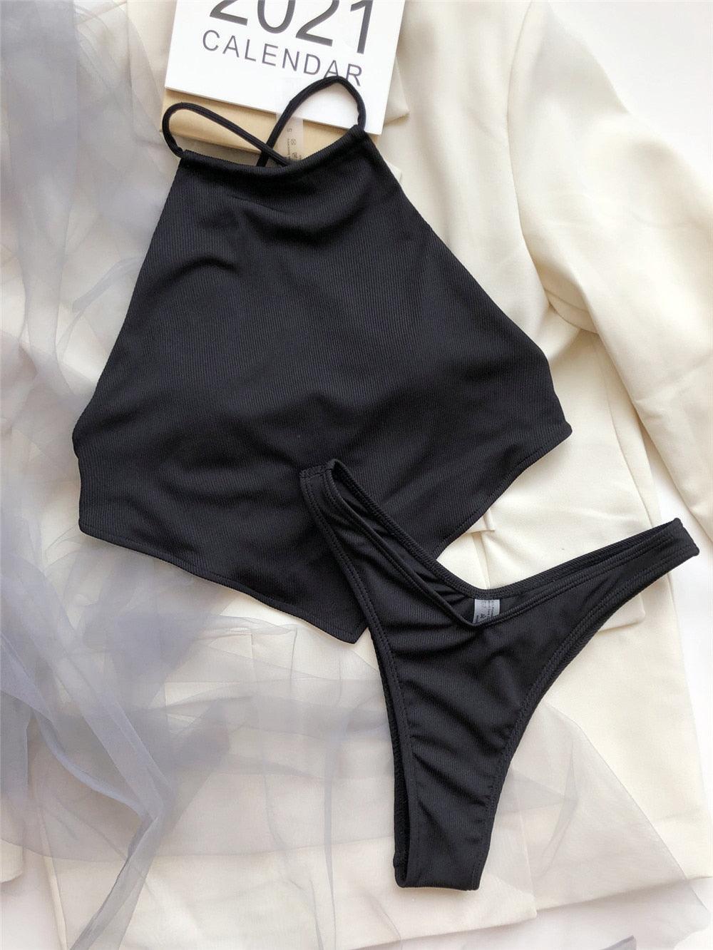 High Neck Swimwear Women Bikini Tied Top Swimsuit Female Brazilian Bikini Set Bathing Suit Swim Women's Bikini Set High Waist Scoop Collar Padded Swimsuit
