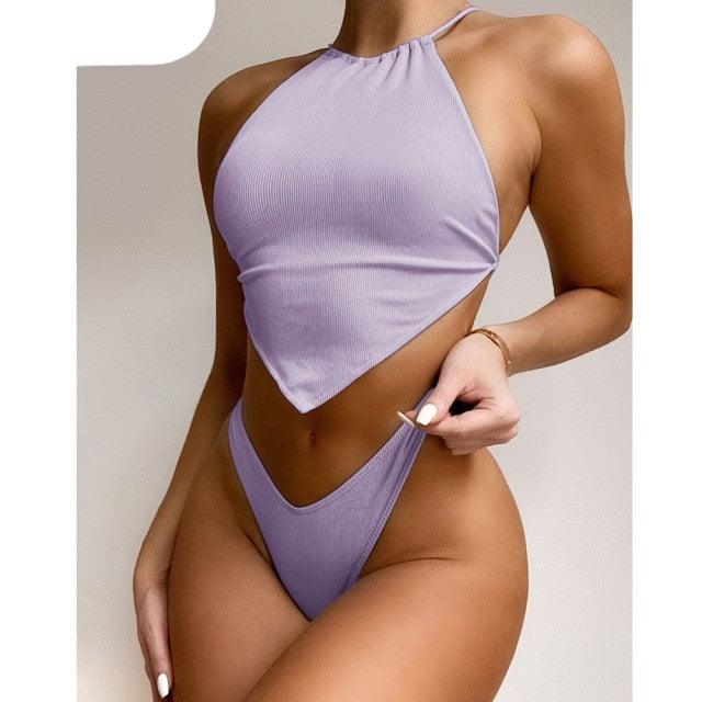 High Neck Swimwear Women Bikini Tied Top Swimsuit Female Brazilian Bikini Set Bathing Suit Swim Women's Bikini Set High Waist Scoop Collar Padded Swimsuit