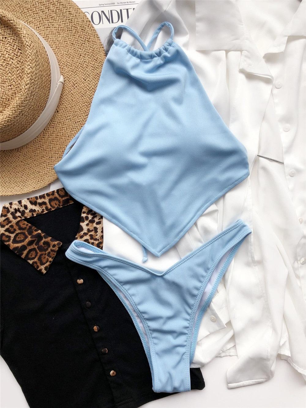 High Neck Swimwear Women Bikini Tied Top Swimsuit Female Brazilian Bikini Set Bathing Suit Swim Women's Bikini Set High Waist Scoop Collar Padded Swimsuit