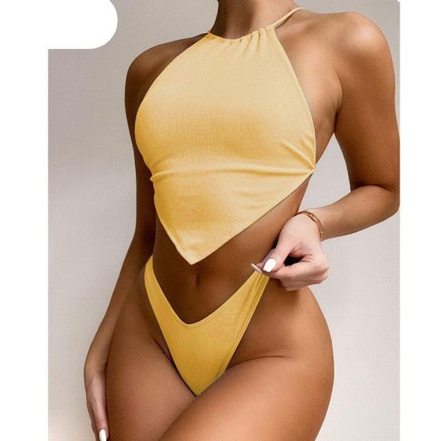 High Neck Swimwear Women Bikini Tied Top Swimsuit Female Brazilian Bikini Set Bathing Suit Swim Women's Bikini Set High Waist Scoop Collar Padded Swimsuit