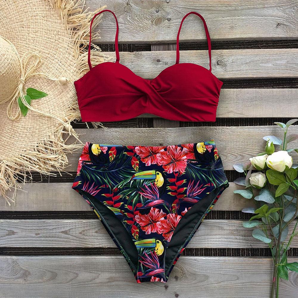 High Waist Bikini Set Women Bikini Flower Swimwear Women High Waist Bikini Halter Two Piece Bathing Suits Tummy Control Swimsuit Push Up Swimwear Vintage Halter Neck Swimsuit Female Green Bathing Suit