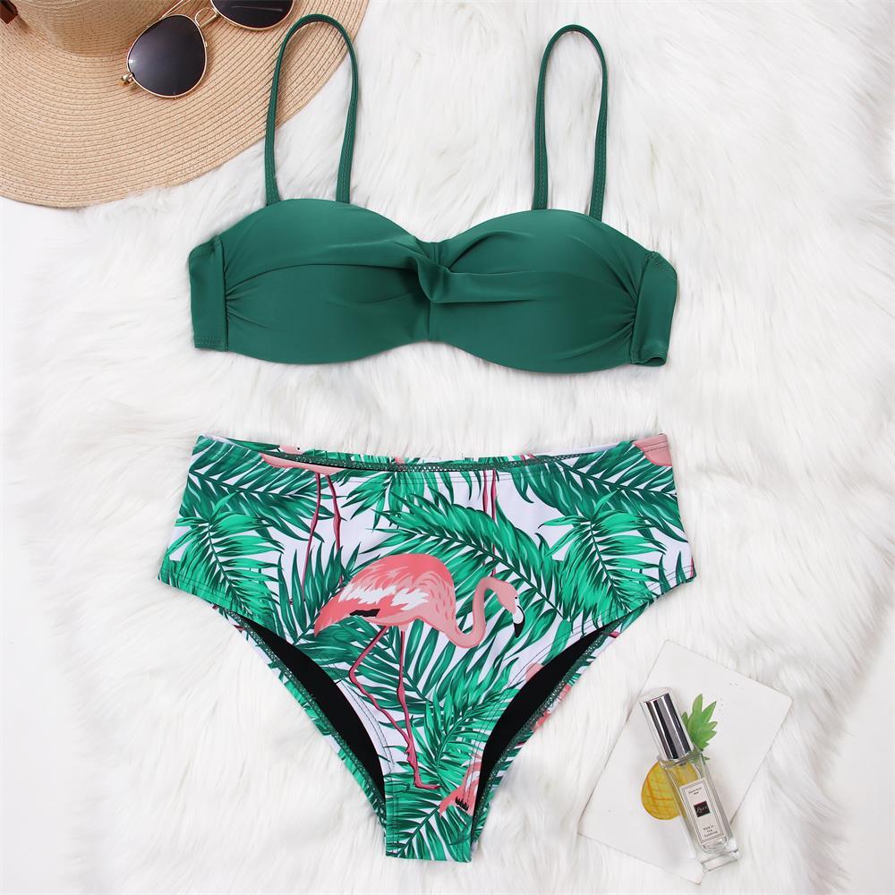 High Waist Bikini Set Women Bikini Flower Swimwear Women High Waist Bikini Halter Two Piece Bathing Suits Tummy Control Swimsuit Push Up Swimwear Vintage Halter Neck Swimsuit Female Green Bathing Suit