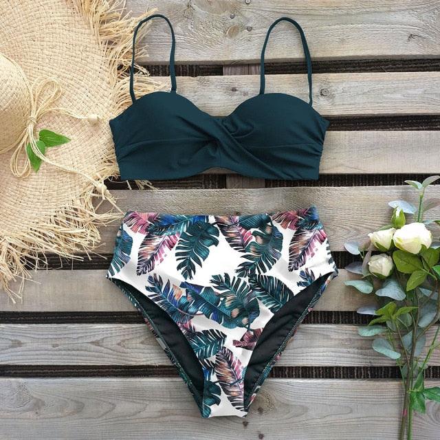 High Waist Bikini Set Women Bikini Flower Swimwear Women High Waist Bikini Halter Two Piece Bathing Suits Tummy Control Swimsuit Push Up Swimwear Vintage Halter Neck Swimsuit Female Green Bathing Suit