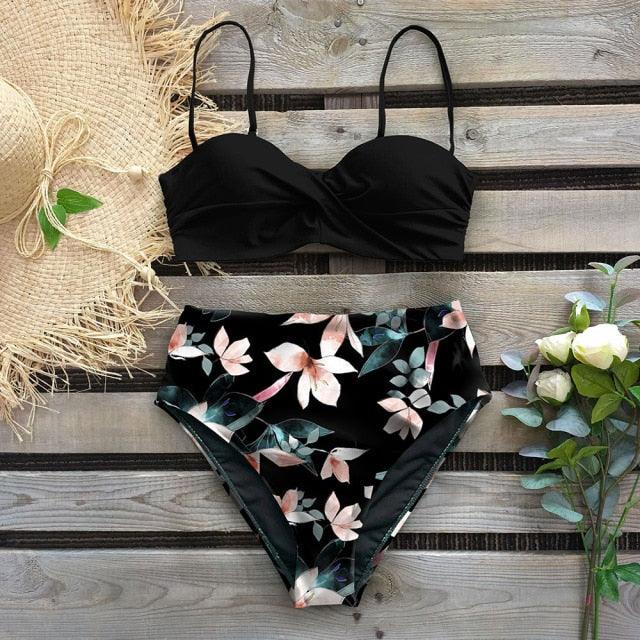High Waist Bikini Set Women Bikini Flower Swimwear Women High Waist Bikini Halter Two Piece Bathing Suits Tummy Control Swimsuit Push Up Swimwear Vintage Halter Neck Swimsuit Female Green Bathing Suit