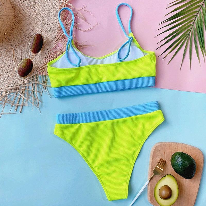 High Waist Bikini Swimsuits Women Push Up Swimwear Ribbed Bathing Suit Strap Bikinis Set Beachwear High Waist Bathing Suit Full Coverage Two Piece Swimsuit