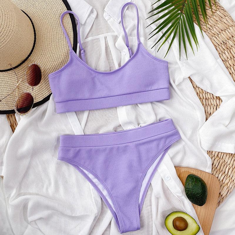 High Waist Bikini Swimsuits Women Push Up Swimwear Ribbed Bathing Suit Strap Bikinis Set Beachwear High Waist Bathing Suit Full Coverage Two Piece Swimsuit