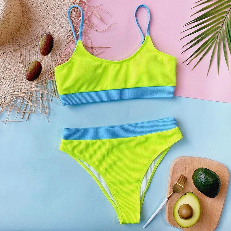 High Waist Bikini Swimsuits Women Push Up Swimwear Ribbed Bathing Suit Strap Bikinis Set Beachwear High Waist Bathing Suit Full Coverage Two Piece Swimsuit