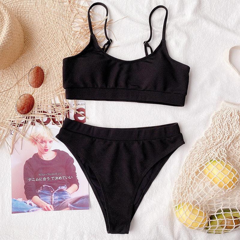 High Waist Bikini Swimsuits Women Push Up Swimwear Ribbed Bathing Suit Strap Bikinis Set Beachwear High Waist Bathing Suit Full Coverage Two Piece Swimsuit