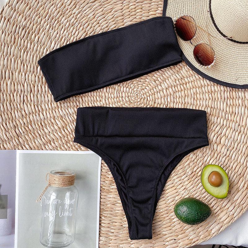 High Waist Bikinis Swimsuits Swimwear Women Black Strapless High Cut Bathing Suit Women Beachwear Women's Scoop Neck Cut Out Front Lace Up Back High Cut One Piece Swimsuit