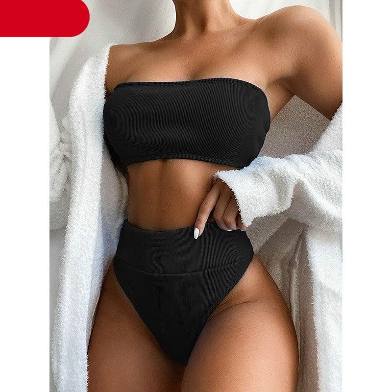 High Waist Bikinis Swimsuits Swimwear Women Black Strapless High Cut Bathing Suit Women Beachwear Women's Scoop Neck Cut Out Front Lace Up Back High Cut One Piece Swimsuit