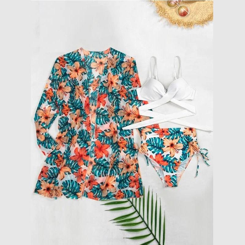 High-Waist Swimwear Set Summer Floral Print Bikini Swimsuit Beachwear Women Push-Up Bathing Suit Tie Dye 3 Pieces Strings High Cut Bikini Set Bathing Suits