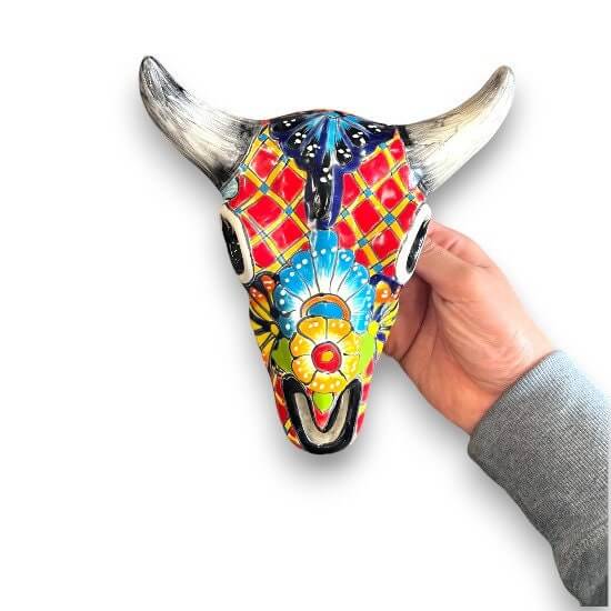 Decoración de pared de calavera de toro de Talavera | Arte mexicano de cuernos largos hecho a mano