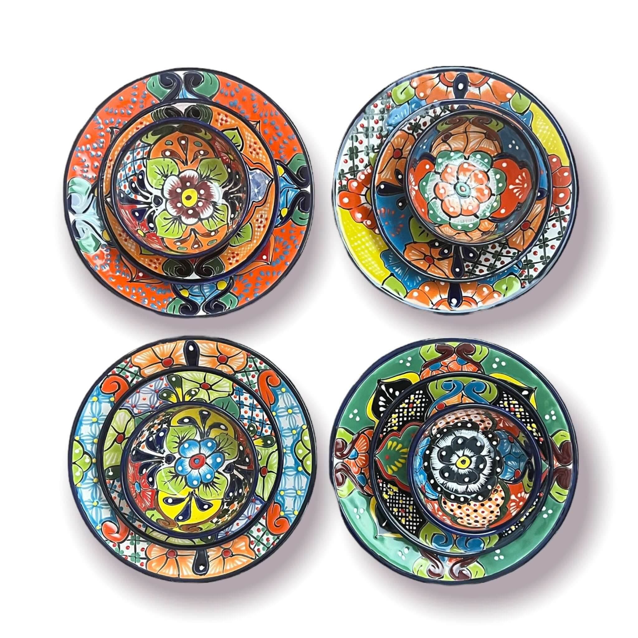 Vajilla Talavera de 12 Piezas | Platos y Cuencos de Cerámica Mexicana Hechos a Mano
