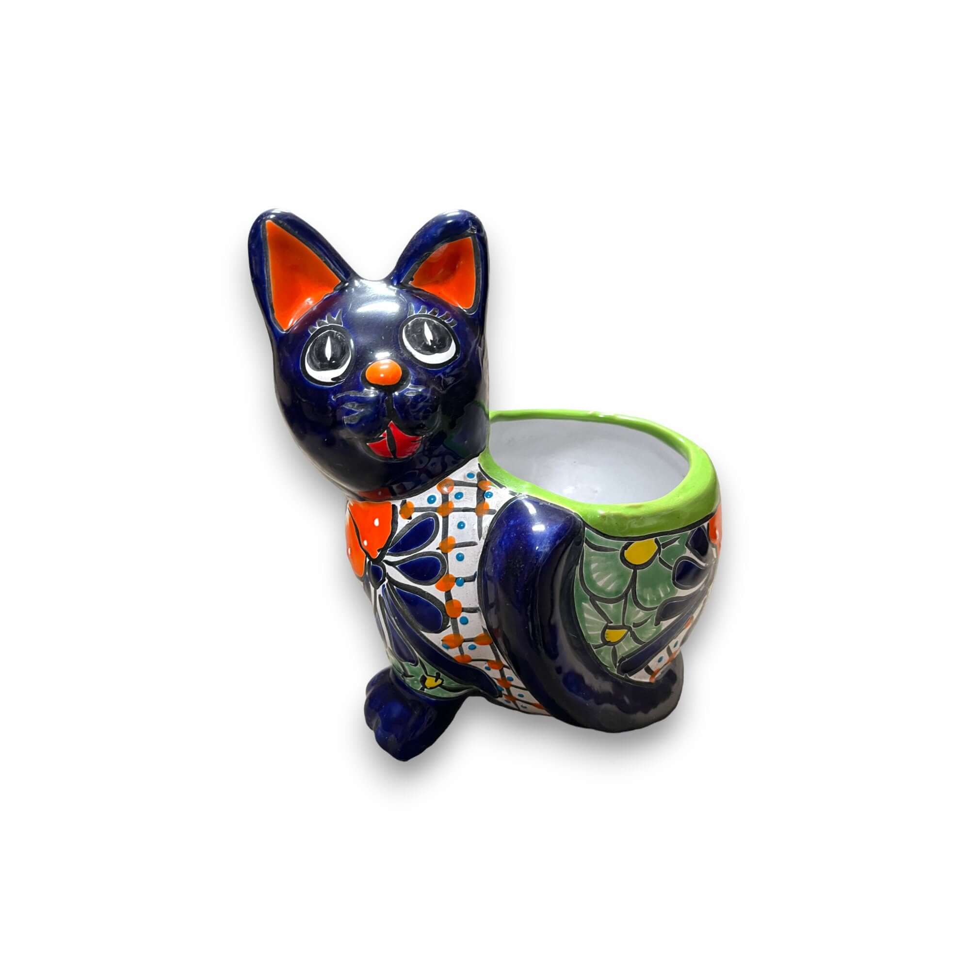 Maceta de gato hecha a mano | Obra de arte de Talavera de gato pintada a mano (tamaño mediano)