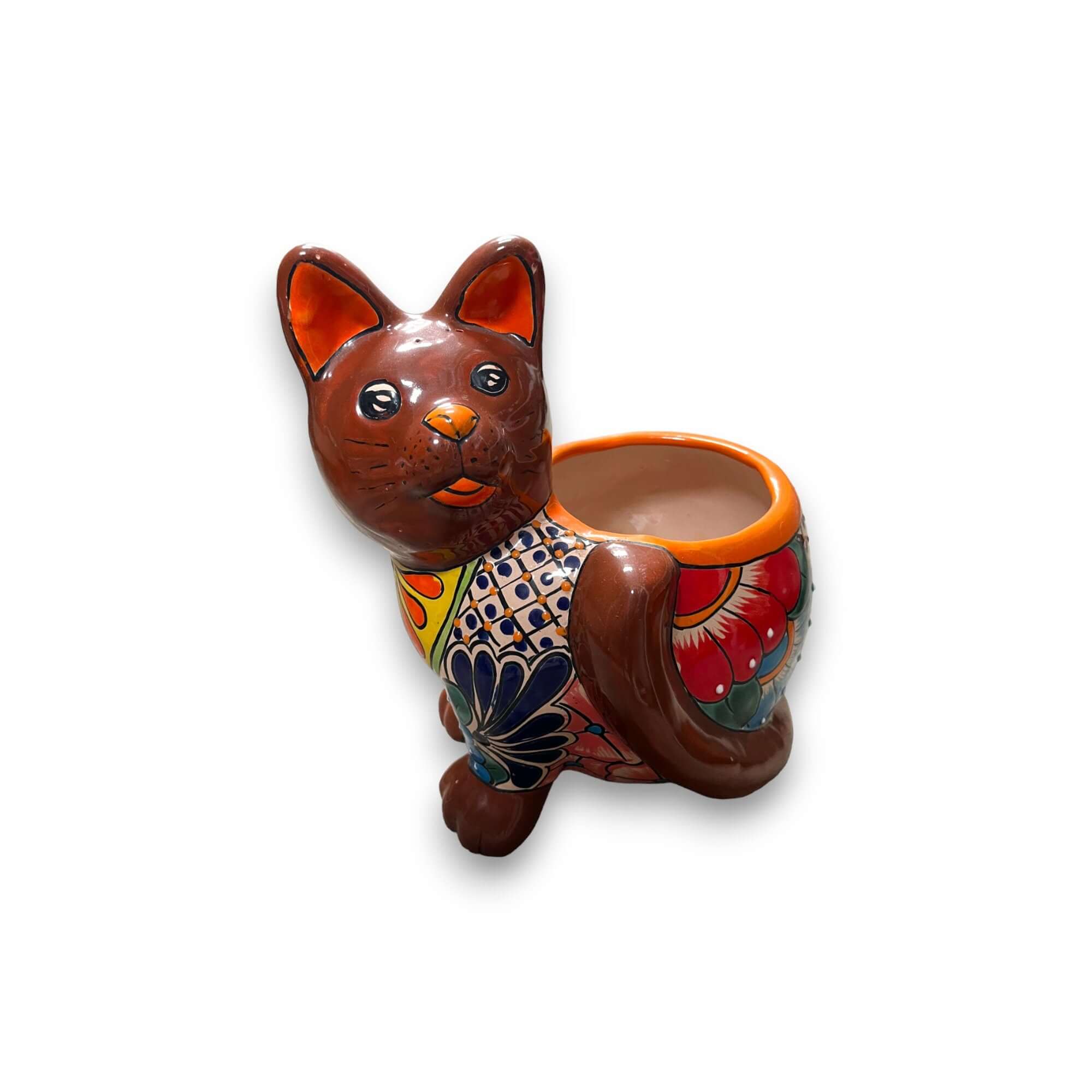 Maceta de gato hecha a mano | Obra de arte de Talavera de gato pintada a mano (tamaño mediano)
