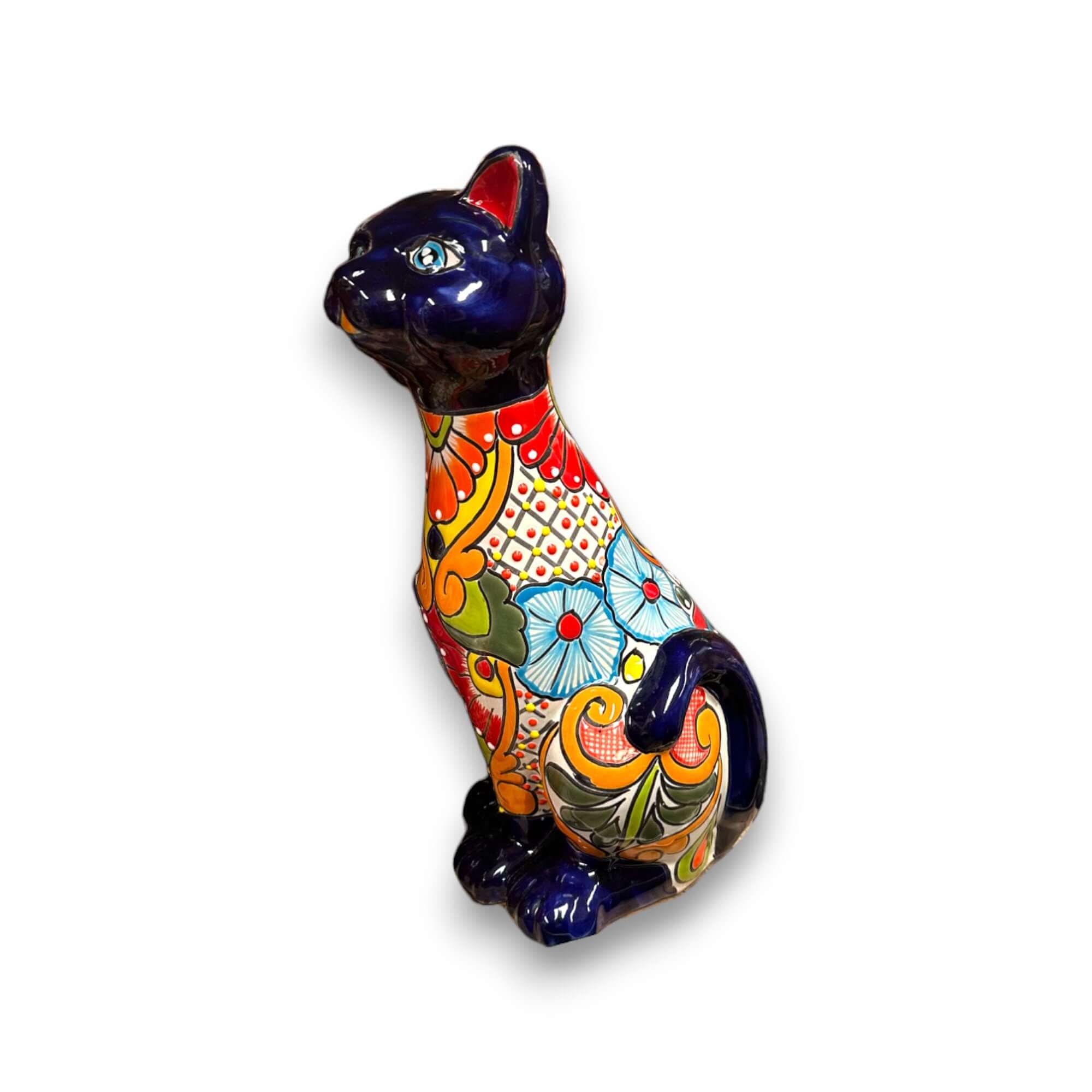 Estatua de Gato de Talavera | Figurilla de Cerámica Mexicana Pintada a Mano