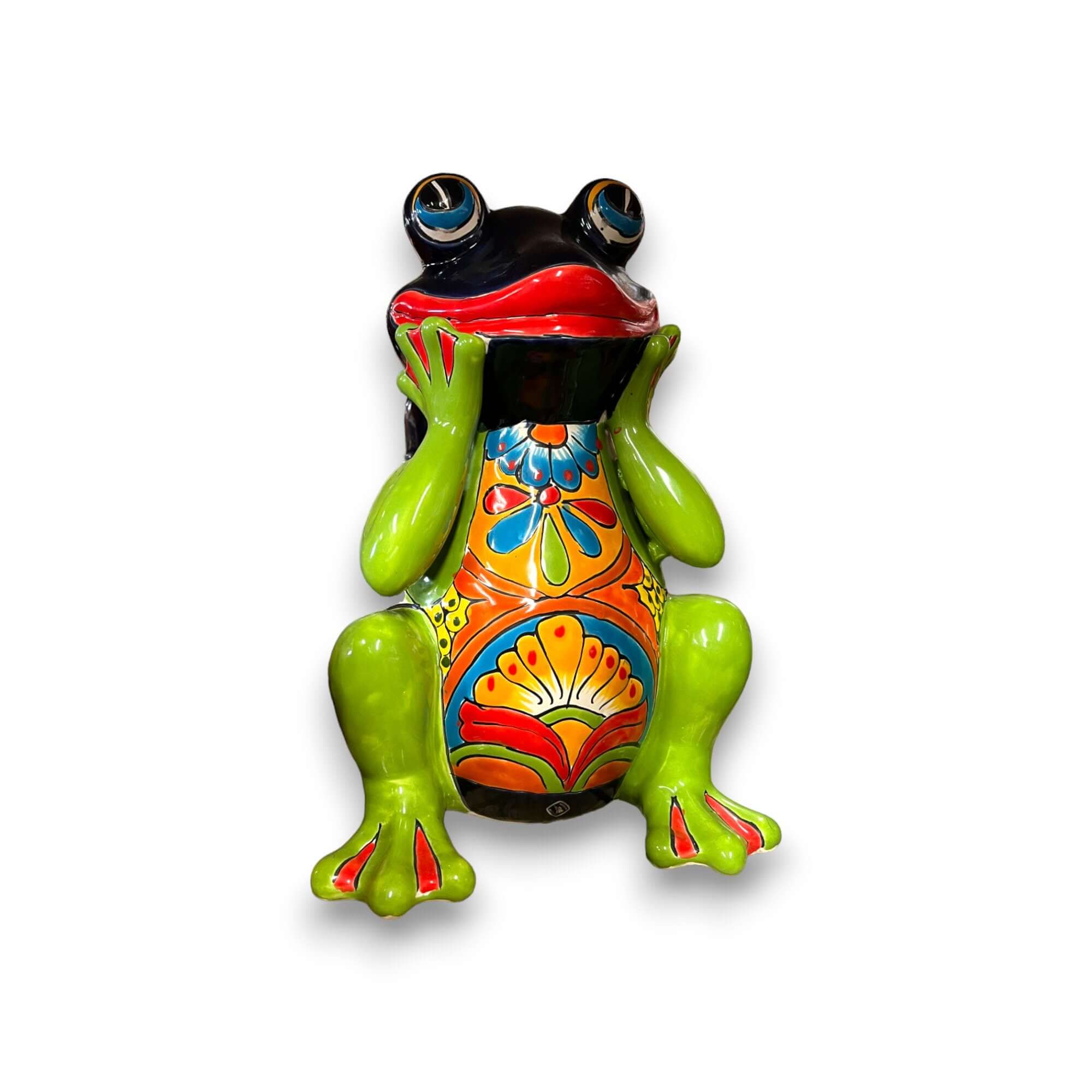 Estatua de rana de Talavera | Vibrante arte cerámico mexicano pintado a mano