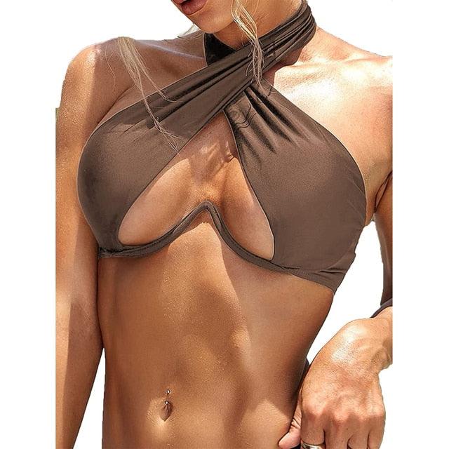 Ladies Summer Solid Color Swimsuit Female Detachable Shoulder Strap Halter Bikini Women's Bikini Swimsuits One Piece Bathing Suits Tie Knot Cutout Swimwear with Crisscross Design