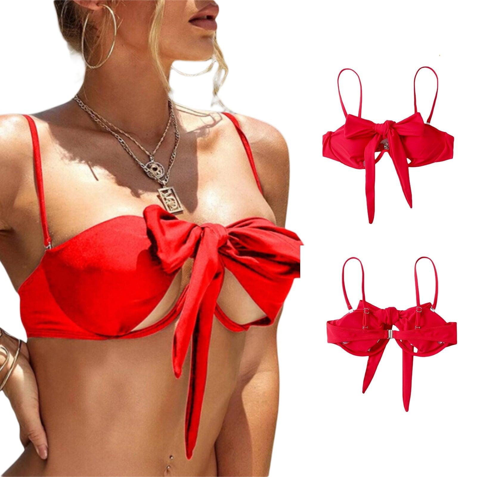 Ladies Summer Solid Color Swimsuit Female Detachable Shoulder Strap Halter Bikini Women's Bikini Swimsuits One Piece Bathing Suits Tie Knot Cutout Swimwear with Crisscross Design