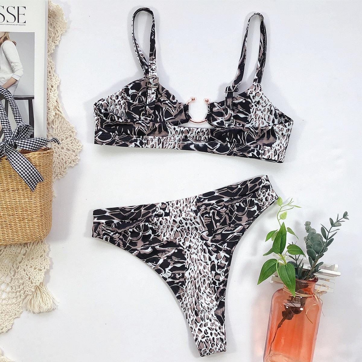 Leopard Bikinis Bikini Swimming Women's Bathing Suits Push Up Swimsuit Women's Padded Underwire Bikini Wire Push Up Bathing Suit Leopard Printed High Cut Vintage Swimsuit