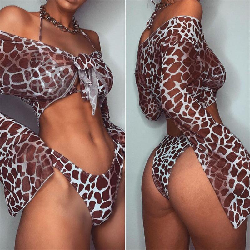 Long Sleeve Mesh Bikini Swimwear Women Three Pieces Leopard Swimsuit Female Summer Bathing Suit Brazilian 3 Pieces Set Knot Front Off Shoulder Cover Up with Halter Bikini Sets Bathing Suit