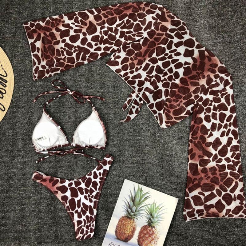 Long Sleeve Mesh Bikini Swimwear Women Three Pieces Leopard Swimsuit Female Summer Bathing Suit Brazilian 3 Pieces Set Knot Front Off Shoulder Cover Up with Halter Bikini Sets Bathing Suit