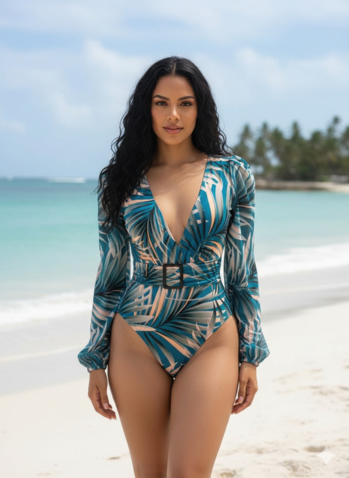 Women's Long Sleeve Swimsuit with Tropical Print