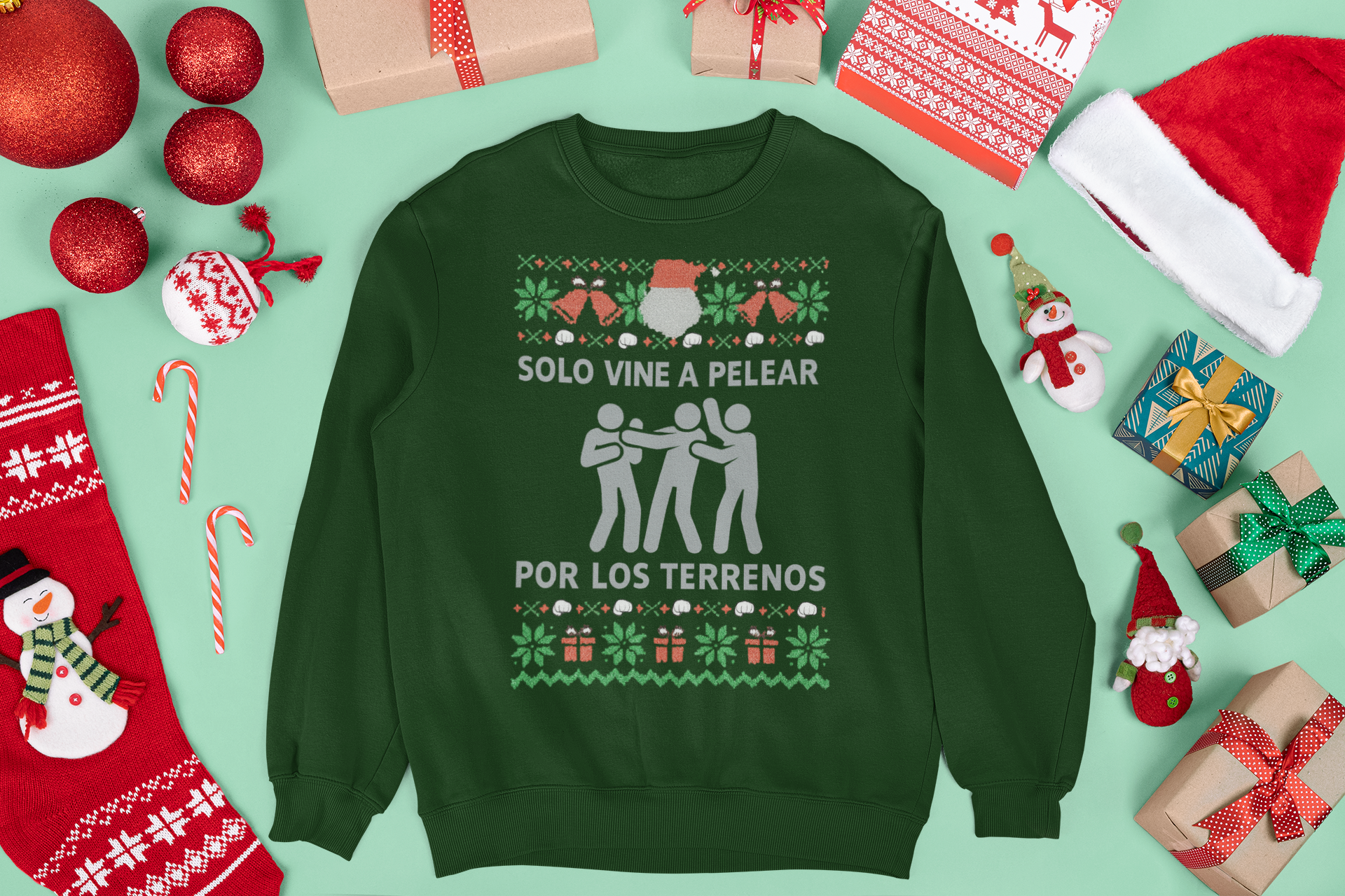 Solo Vine A Pelear Por Los Terrenos Latino Navidad Ugly Christmas Sweater | 3 Colores