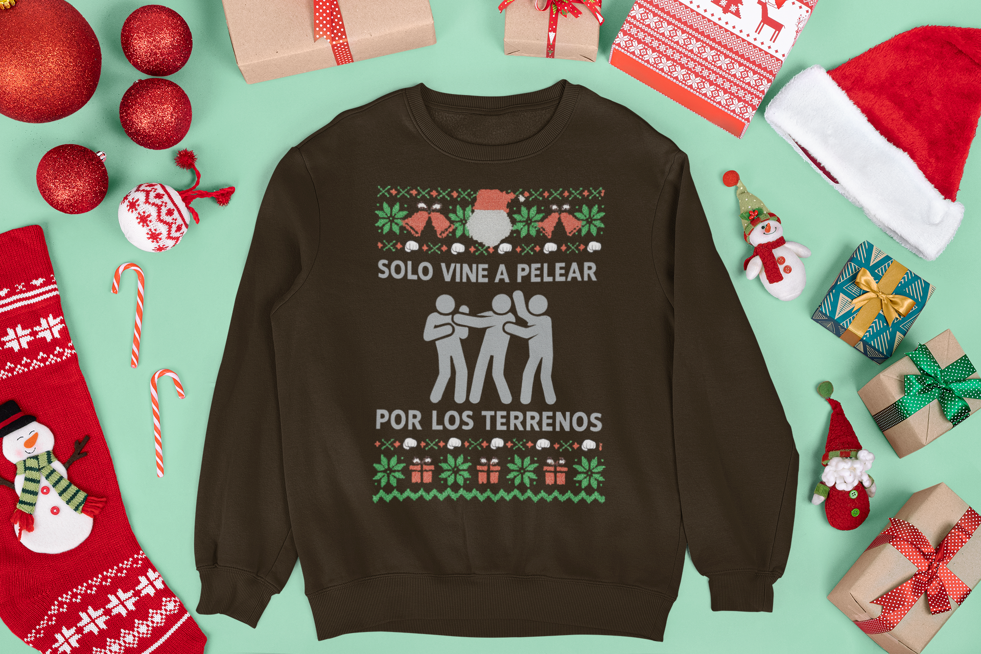Solo Vine A Pelear Por Los Terrenos Latino Navidad Ugly Christmas Sweater | 3 Colores