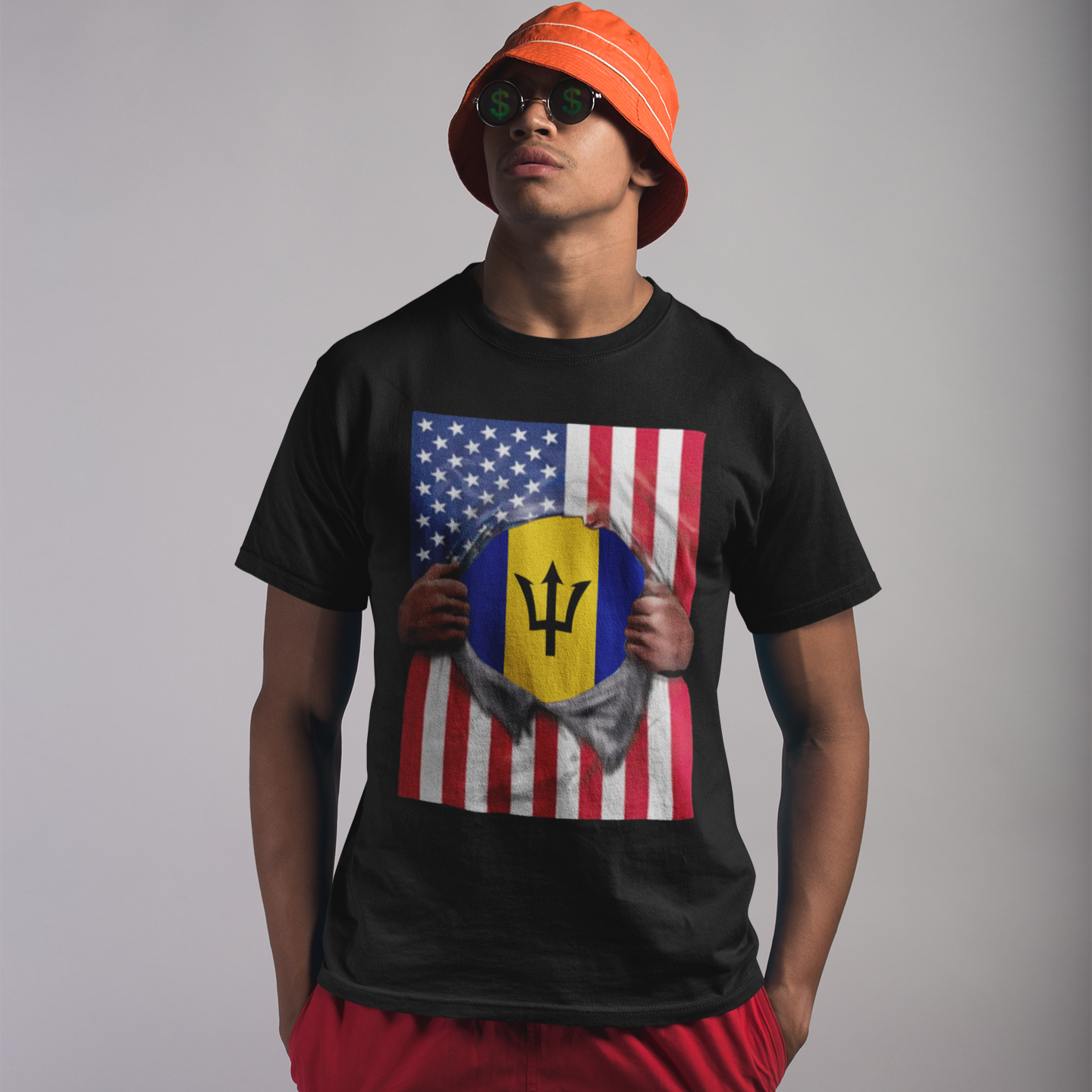 Camiseta Bandera Barbados + USA | Bandera Barbada + Americana Rasgada 4 de Julio | Camisetas Latinas Divertidas | 4 Colores