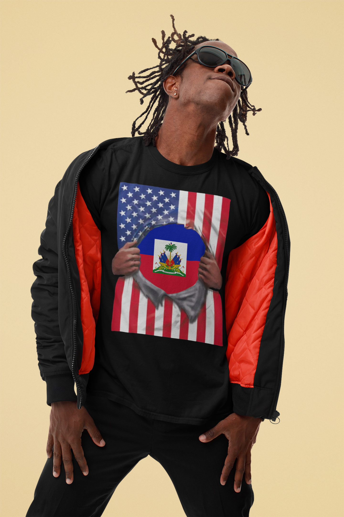 Camiseta Orgullo Bandera Haití + Bandera EE. UU. | Bandera Haitiana + Estadounidense Rasgada 4 de Julio | Camisetas Virales Latinas Divertidas | Unisex - 4 Colores