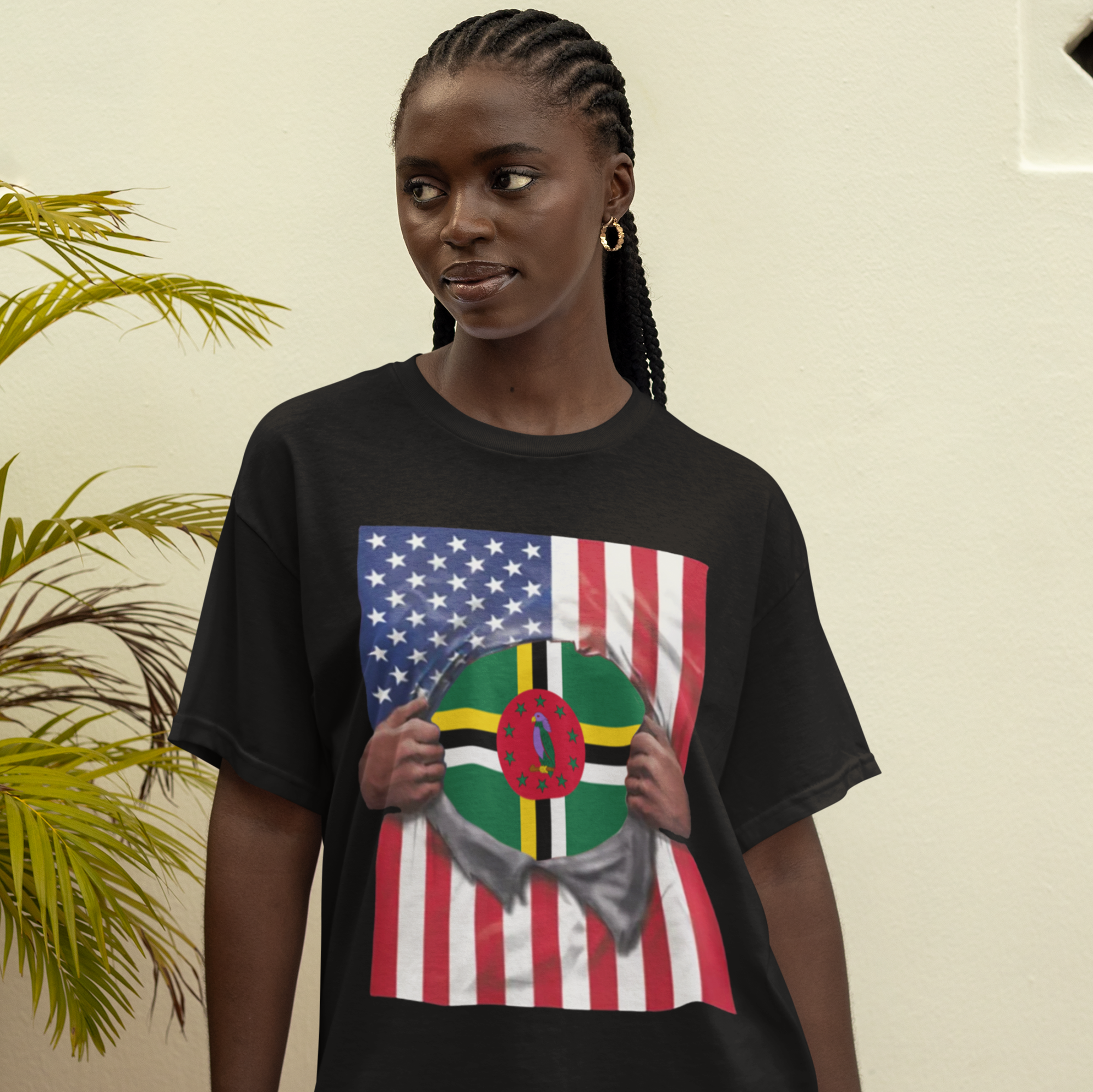 Camiseta Bandera de Dominica + EE. UU. | Bandera Dominicana + Americana Rasgada 4 de Julio | Camisetas Latinas Divertidas | 4 Colores
