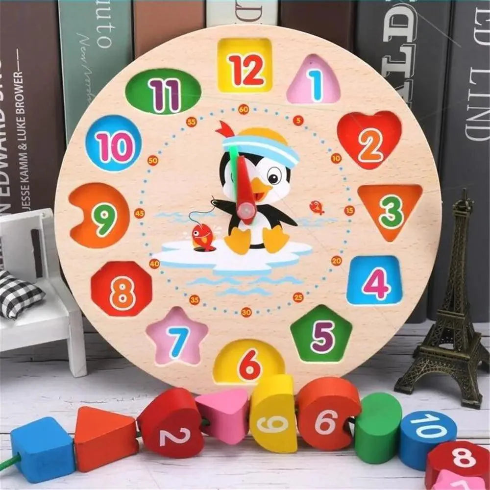 Montessori Cartoon Animal Educational Wooden Beaded Geometry Digital Clock Puzzles Matching Clock Toy For Children