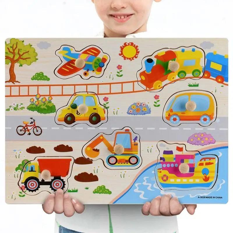Montessori Wooden Puzzles Hand Grab Boards Toys Tangram Baby Educational Toys Cartoon Vehicle Animals Fruits 3D Puzzles