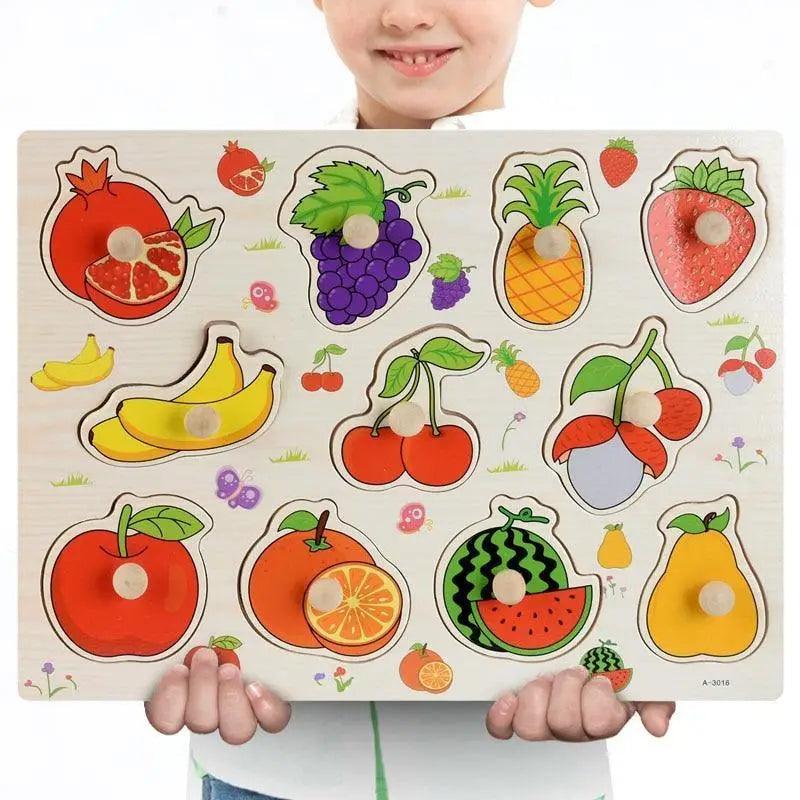 Montessori Wooden Puzzles Hand Grab Boards Toys Tangram Baby Educational Toys Cartoon Vehicle Animals Fruits 3D Puzzles