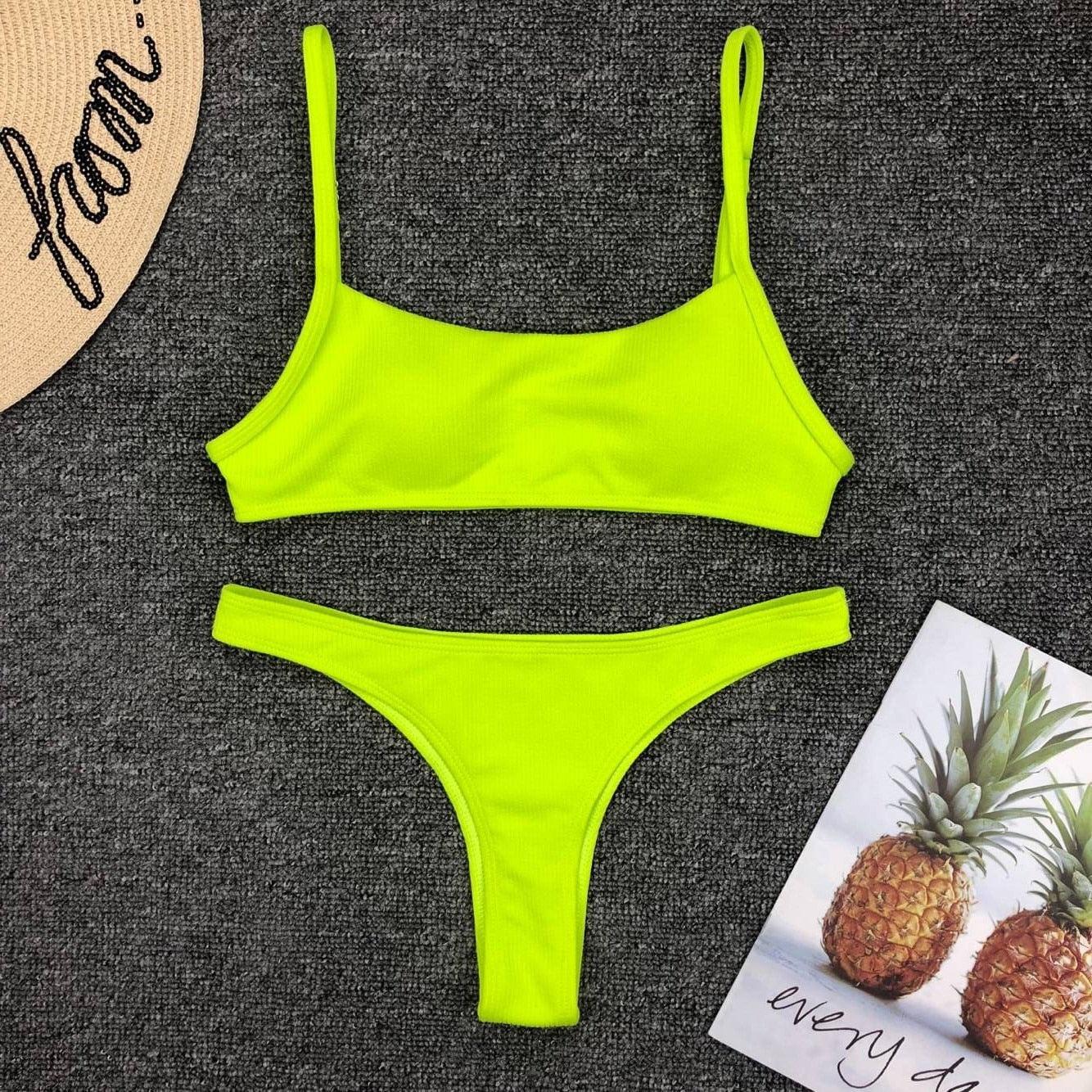 Neon Yellow Green Swimsuit Women Push Up Padded Micro Bikini Summer Beach Bathing Suit Beach Swimwear Women's Scoop Neck Cut Out Front Lace Up Back High Cut One Piece Swimsuit