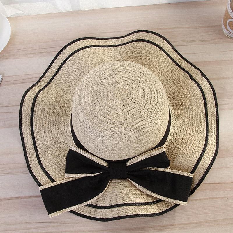 New Summer Women's Beach Hat Wide Side Female Summer Women's Beach Hat Female Unique Luxury Bowknot Design Sun Hat Casual Hat Lady Classic Flat Straw Hat Women Fedora Hat Ideal Gift 54-58cm