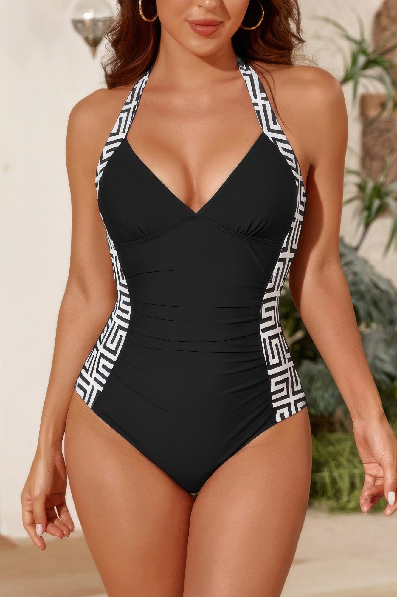 Brown One Piece Halter Top Swimsuit for Women